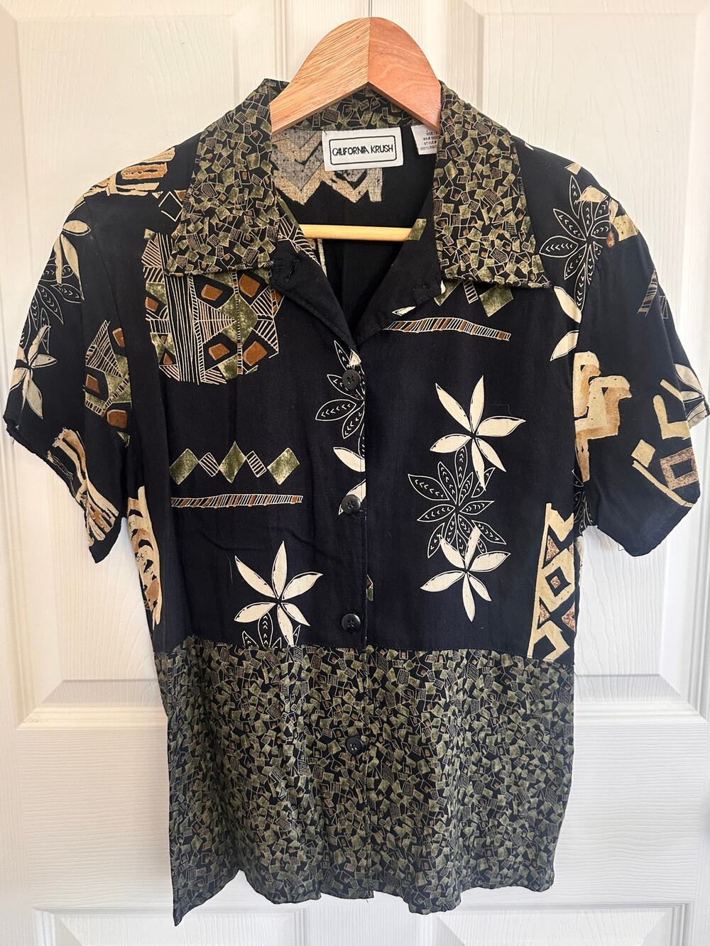 Vintage California Krush Rayon Challis Patchwork Button Up Shirt L 90s